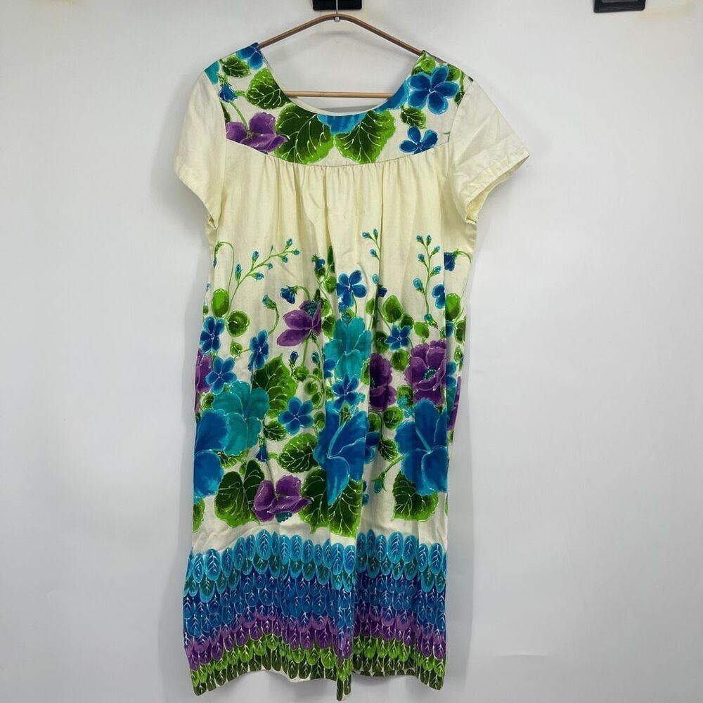 Vtg 60s Hawaii UI MAIKAI Hawaiian Floral Cotton Polynesian Party Caftan DRESS Sz